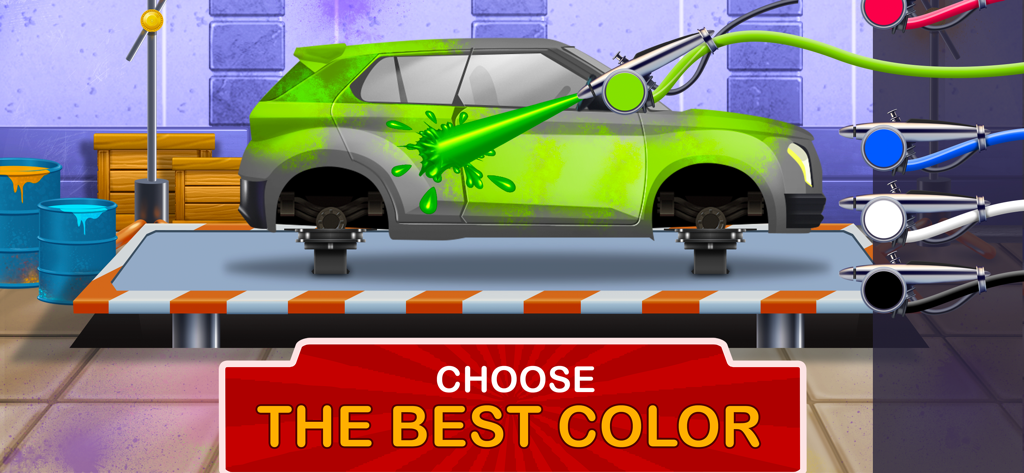 Kids Garage: Toddler car games - A car being spray painted green in a workshop with a choose the best color message