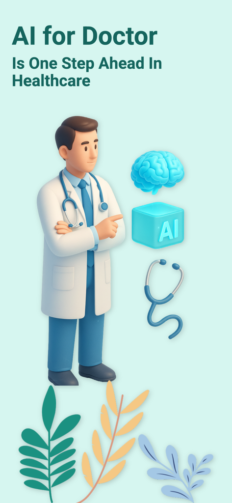 A 3D cartoon illustration of a doctor standing next to icons representing AI and medical care