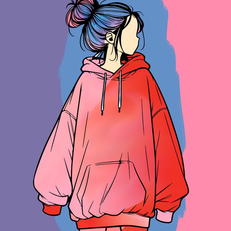 realistic girl with a oversized sweatshirt on and a bun