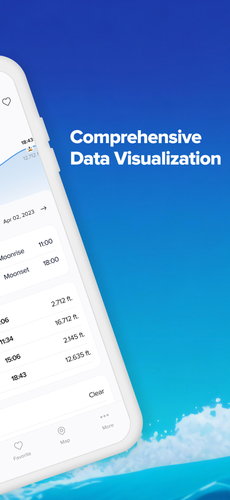 Mobile app interface displaying comprehensive data visualization for tides and moon phases