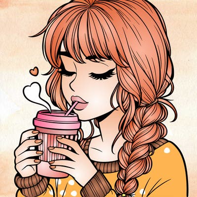 realistic girl drinking coffee
