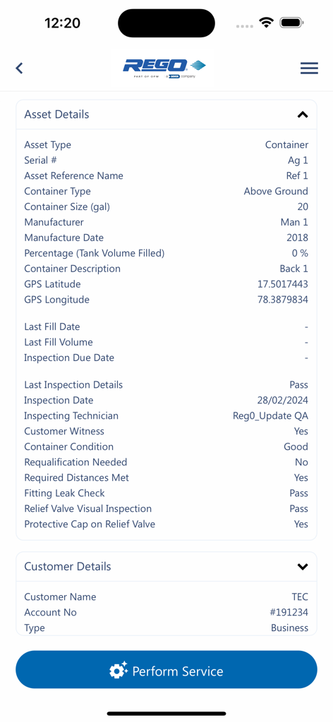 RegO App - Schermata dell'App RegO che visualizza i dettagli dell'asset del serbatoio GPL e i risultati dell'ispezione