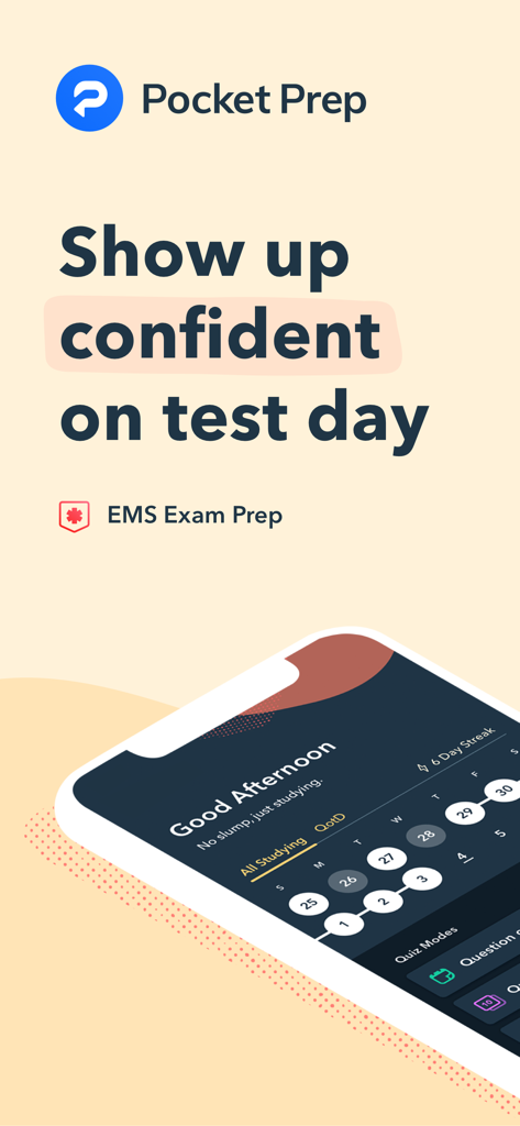 Pocket Prep EMS 2026 - Pocket Prep EMS app interface showing a study streak and a message about being confident on test day