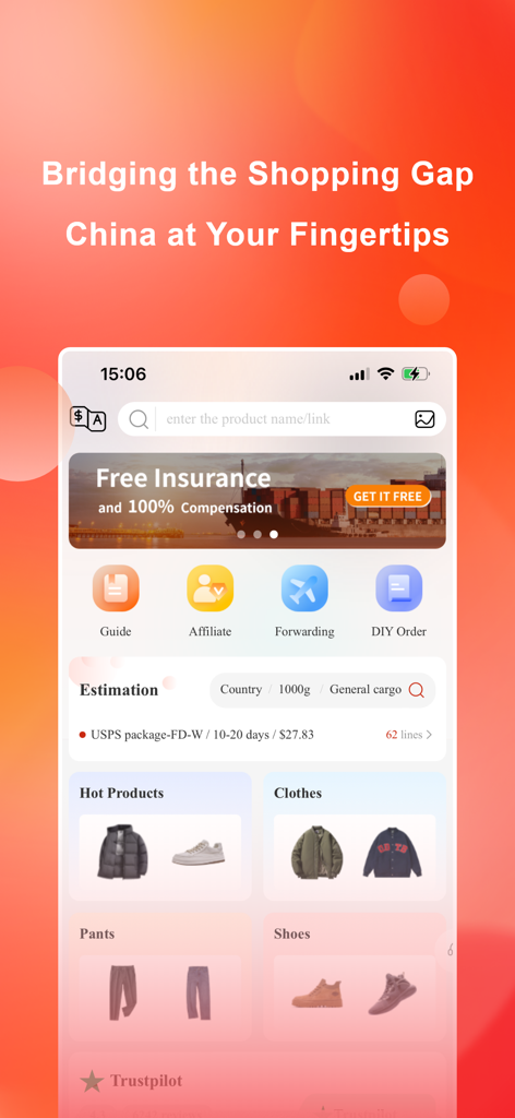 CNFans mobile app interface showing product categories like clothes and shoes with a shipping estimation tool.