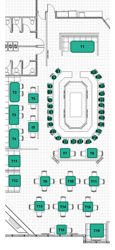 Easybooker - A digital restaurant floor plan layout showing numbered tables and bar seating for reservation management
