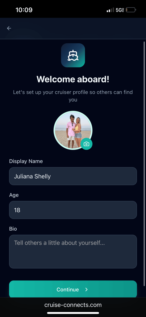 Cruise Connect App - Profile creation screen for the Cruise Connect app showing fields for display name age and bio