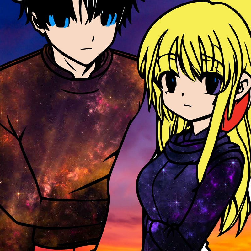 anime characters, two people hugging ,ones a guy and the others a girl,