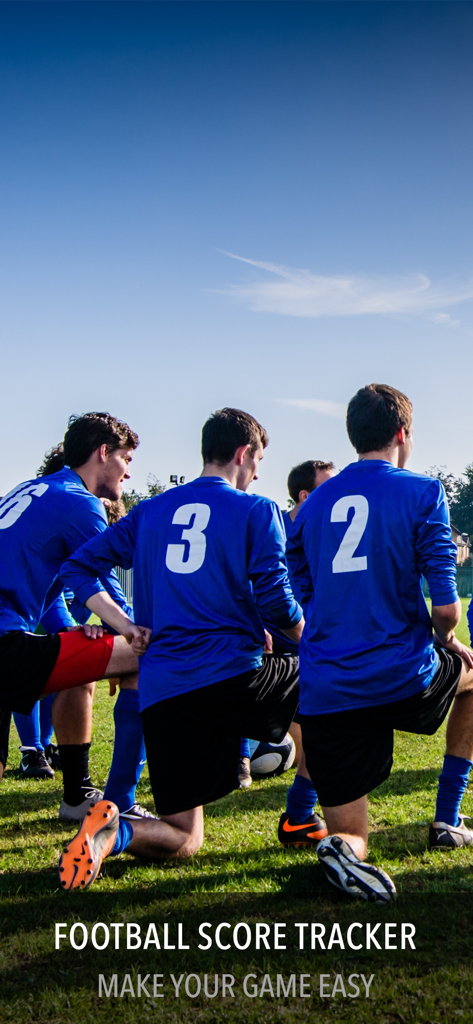 Football Score Tracker - Soccer players in blue jerseys on a pitch for the Football Score Tracker app