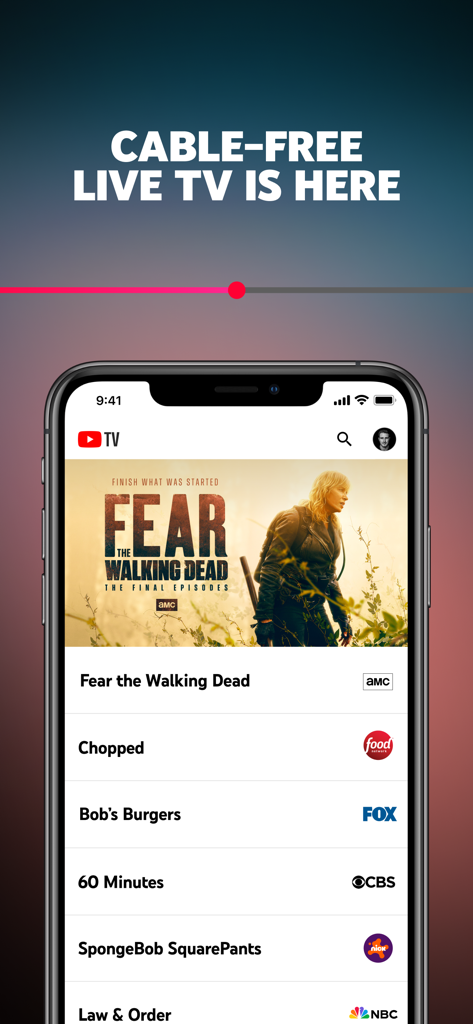 YouTube TV app interface on a smartphone showing live channels and popular TV shows like Fear the Walking Dead and Chopped