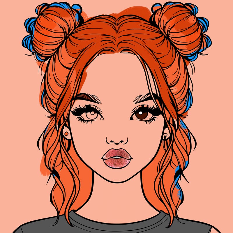 realistic girl with two buns in hair and lips