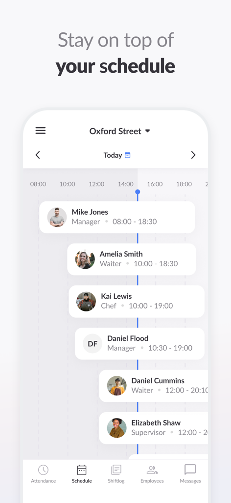 Smartphone screen of the MyZimply app displaying a daily team shift schedule with employee names and roles