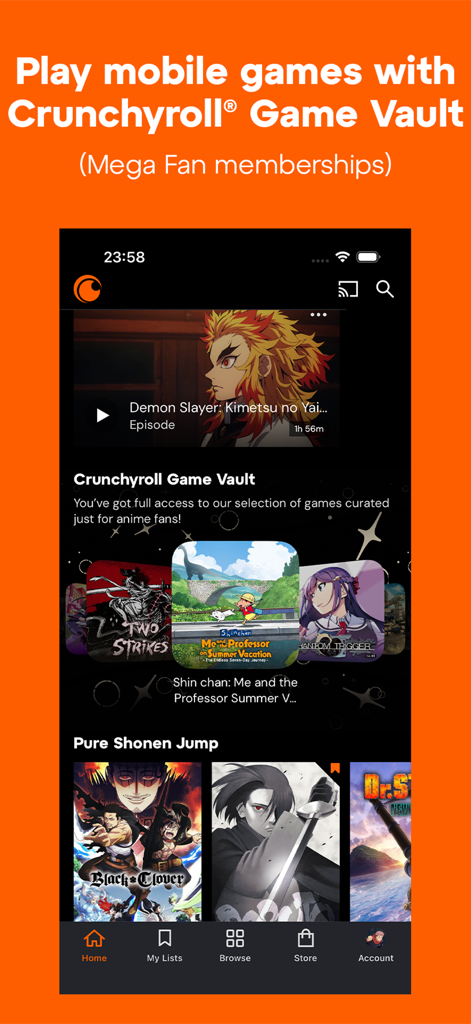 Crunchyroll mobile app interface showing the Game Vault library for mobile games and featured anime series.