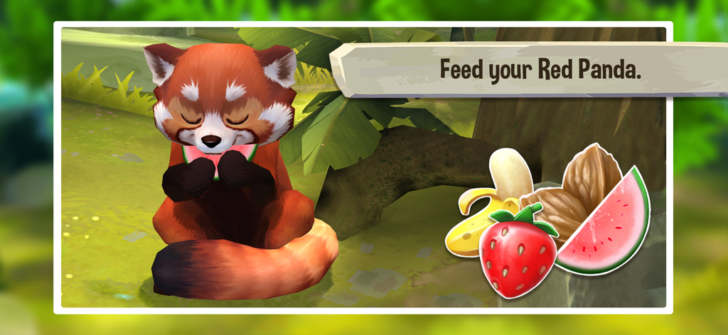 A cute 3D red panda eating a slice of watermelon with fruit options like strawberry and banana on the side