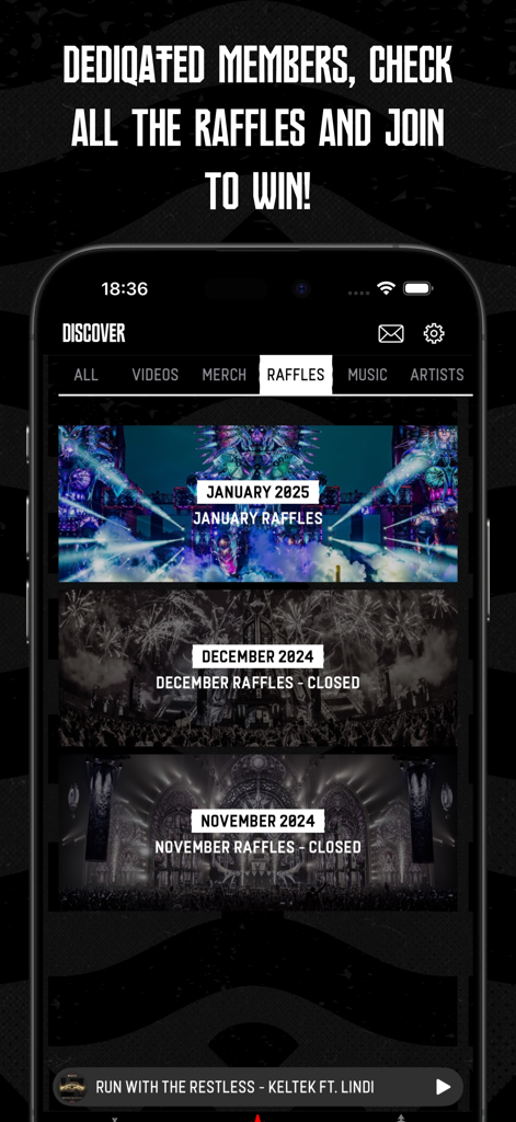 Defqon.1 - Defqon.1 app Discover screen showing monthly raffles for DEDIQATED members