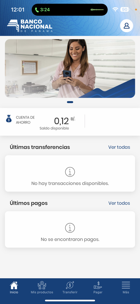 Home screen interface of the Banco Nacional de Panama mobile banking app showing account balance and transaction sections