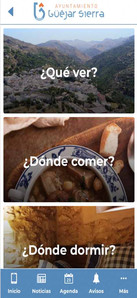 Güéjar Sierra - Menu do aplicativo Guejar Sierra mostrando categorias de turismo para passeios, gastronomia e hospedagem
