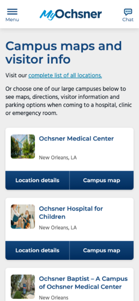 MyOchsner app interface for campus maps and visitor information listing medical center locations