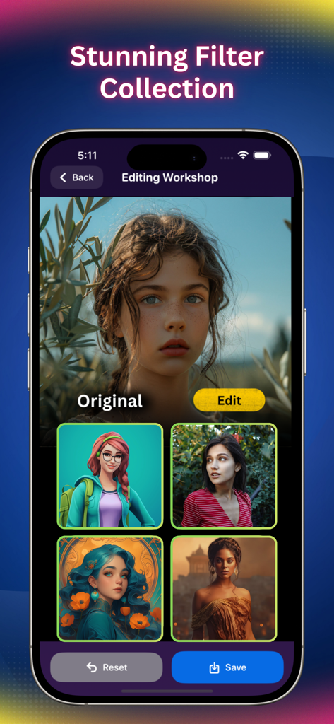 Aura AI Photo Magic - Interfaz de la aplicación Aura AI Photo Magic mostrando una impresionante colección de filtros para la edición de retratos