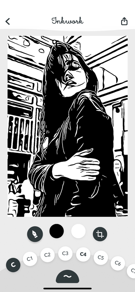 Inkwork - Inkwork app interface showing a high contrast black and white ink drawing of a woman with artistic style selection buttons