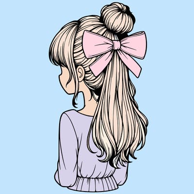 realistic girl  with hip length hair a bun and a big bow on the back of head