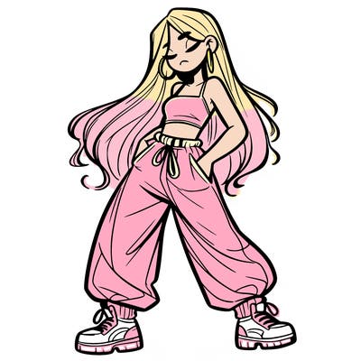 girl in baggy pants crop top and long hair