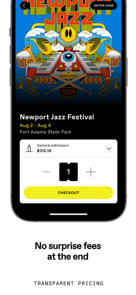 DICE: Live Shows - Interfaccia dell'app DICE che mostra l'acquisto del biglietto per il Newport Jazz Festival con prezzi trasparenti