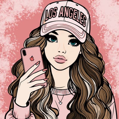 realistic beautiful girl wearing los ángeles cap holding an iphone