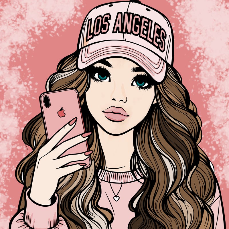 realistic beautiful girl wearing los ángeles cap holding an iphone