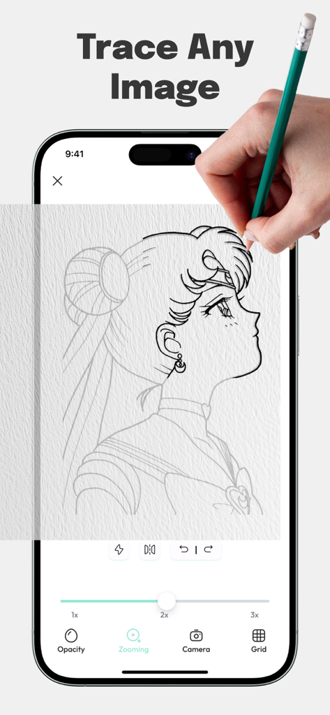 AR Sketch: Paint & Drawing! - A hand tracing an anime character using the AR Sketch app on a smartphone