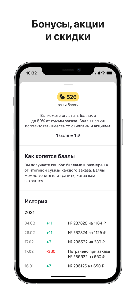 Мама Мия: доставка - Mama Mia delivery app loyalty rewards page showing user points and transaction history.