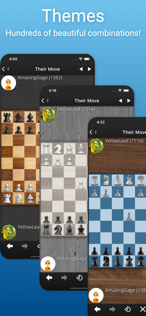Showcase of different chess board themes and piece styles available in the SocialChess app