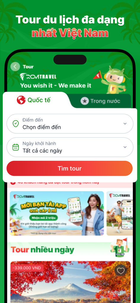 Rovi Travel - Interfaz de la aplicación móvil Rovi Travel para buscar tours de viaje nacionales e internacionales