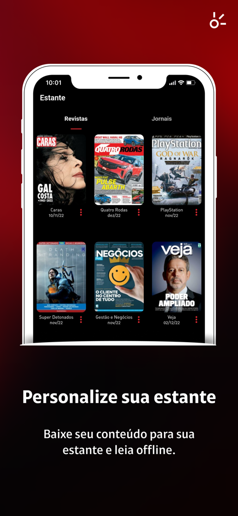 Interface do aplicativo Claro banca mostrando uma estante de revistas digitais personalizada para leitura offline.