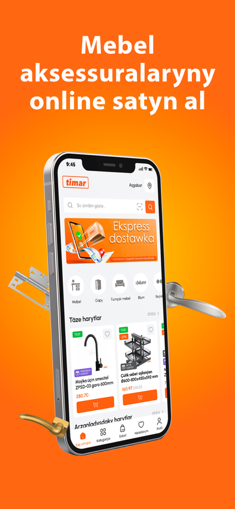 Timar - Timar mobile app home screen showcasing various furniture accessories and hardware on a smartphone