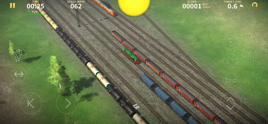 Electric Trains - Top down view of freight trains and cargo cars on multiple tracks in Electric Trains game