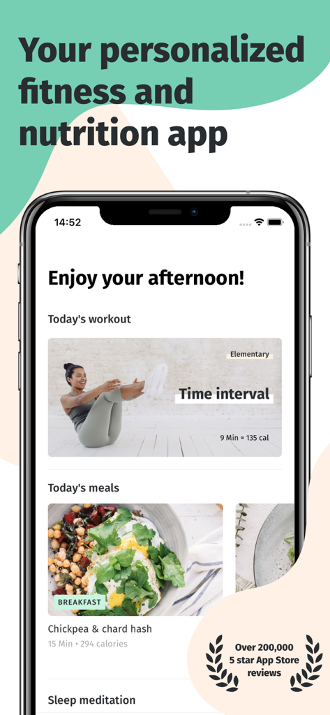 8fit Workouts & Meal Planner - Startbildschirm der 8fit-App, der ein personalisiertes Intervalltraining und ein gesundes Frühstücksrezept anzeigt