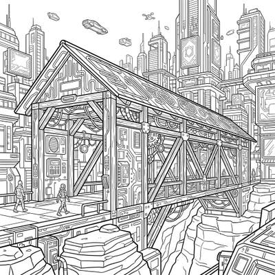 Discover our extraordinary Cyberpunk Covered Bridge coloring page, where rustic charm meets a high-tech future. This intricate design promises an engaging coloring adventure through a dystopian cityscape.