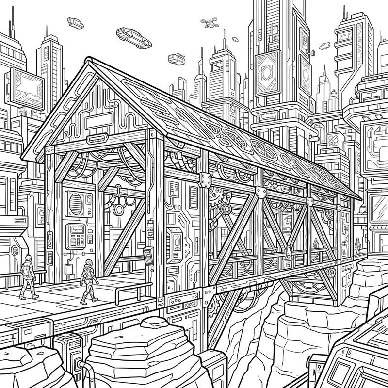 Discover our extraordinary Cyberpunk Covered Bridge coloring page, where rustic charm meets a high-tech future. This intricate design promises an engaging coloring adventure through a dystopian cityscape.