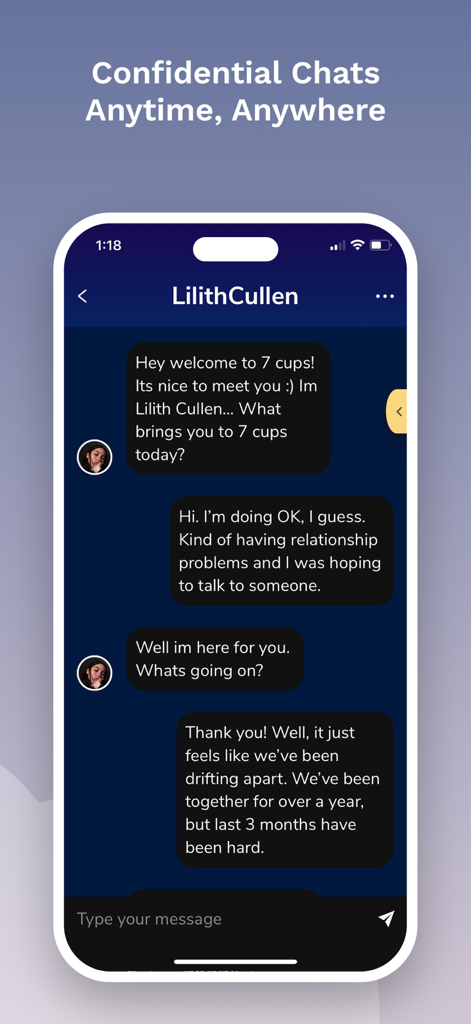 7 Cups: Online Therapy & Chat - Interface de chat confidencial no aplicativo 7 Cups mostrando uma conversa anônima com um ouvinte treinado sobre questões pessoais.