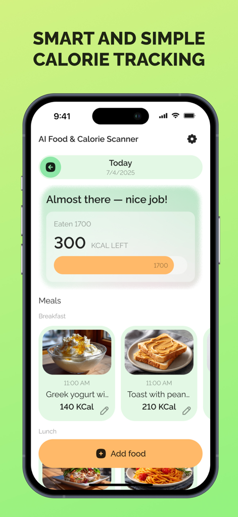 AI Food & Calorie Scanner - Panel de la aplicación Escáner de Comida y Calorías con IA que muestra el progreso calórico diario y las comidas registradas con fotos