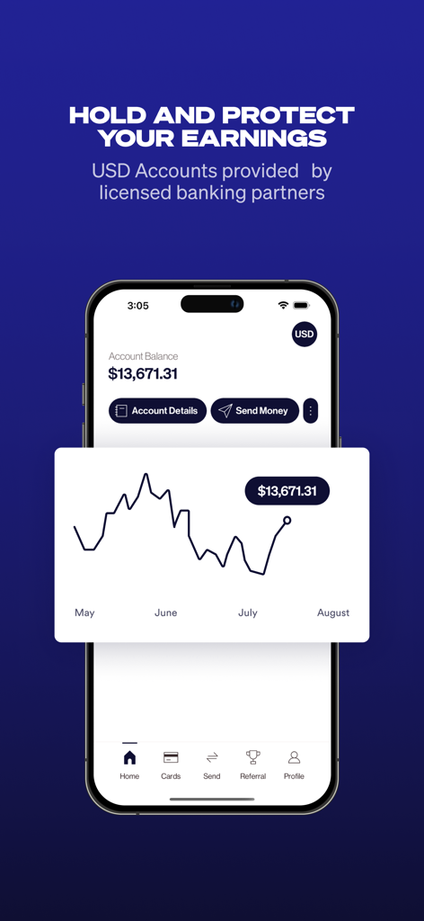 Elevate Pay: USD Banking - Elevate Pay app interface showing a USD account balance and an earnings growth chart