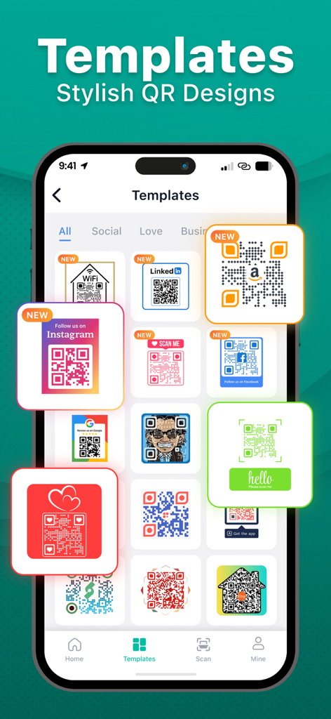 QR Code Reader & Scanner Pro - Uno schermo mobile che mostra una varietà di modelli e design di codici QR eleganti e colorati per social media e uso aziendale.