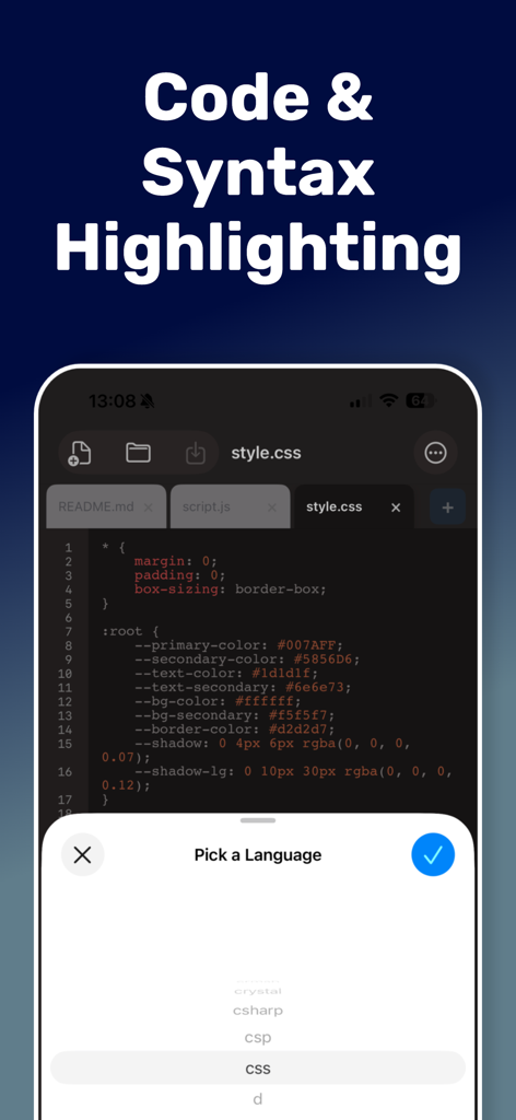 txt.edit - Simple Text Editor - La interfaz de la aplicación txt.edit mostrando código CSS con resaltado de sintaxis y un menú de selección de idioma.