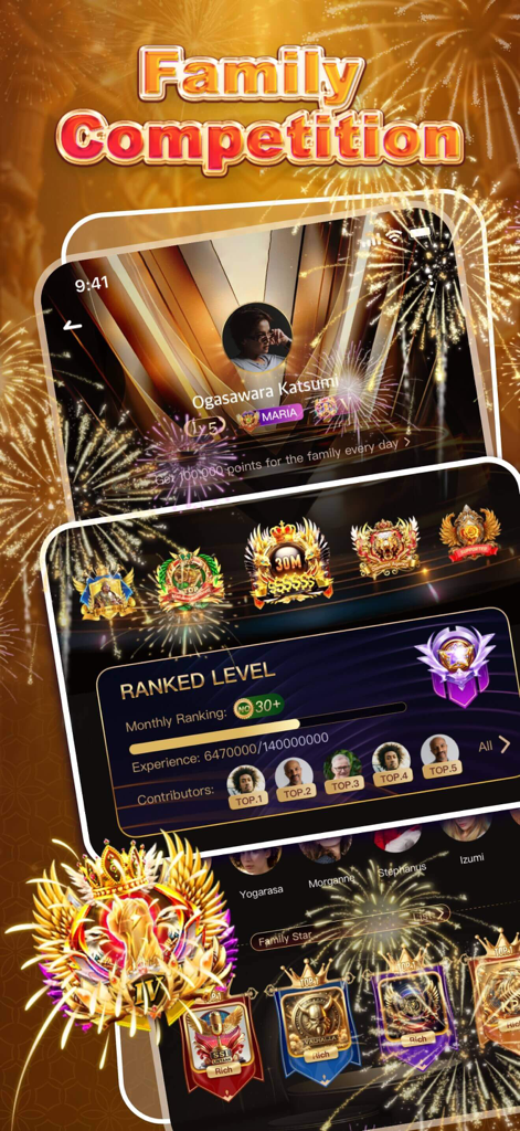 UME- Group Voice Chat Rooms - Interfaccia dell'app UME che mostra la classifica della competizione familiare e i livelli classificati con fuochi d'artificio.