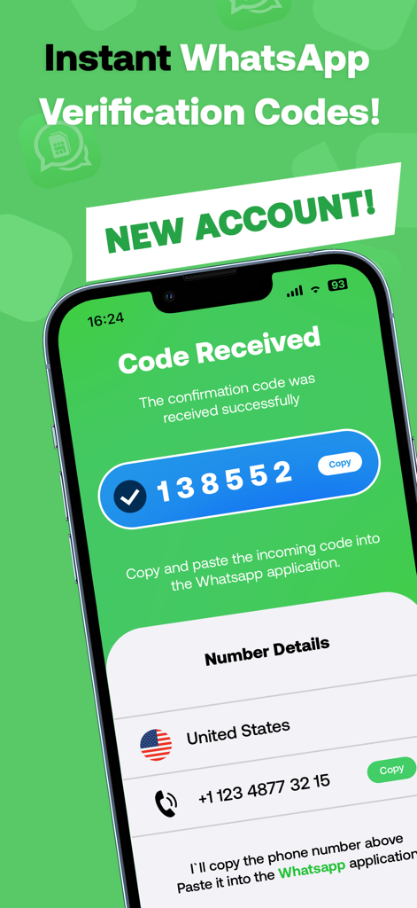 wNum | Number for WA Business - Schermata dell'app mobile che mostra un numero di telefono virtuale statunitense e un codice di verifica ricevuto per WhatsApp Business