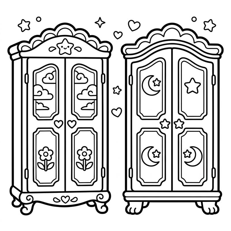 Discover the charm of these cute Kawaii armoires, specially designed for young colorists. Each wardrobe is filled with adorable details like smiling stars and moon motifs, ready to come to life with vibrant colors.