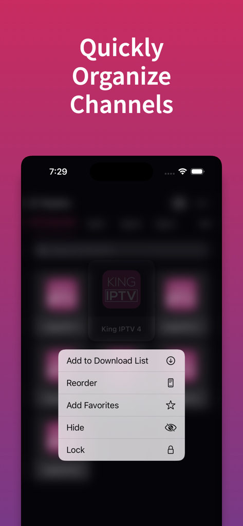 King IPTV Pro app interface showing channel organization options including favorites hide and lock
