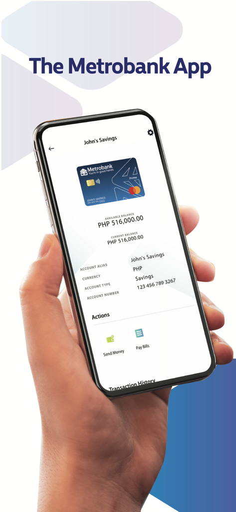 Metrobank App - Pantalla de smartphone mostrando el panel de la App Metrobank con el saldo de una cuenta de ahorros y opciones de transacción
