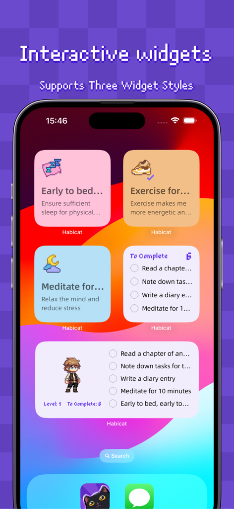 Pixel art iOS home screen widgets showing gamified habit tracking and character progress