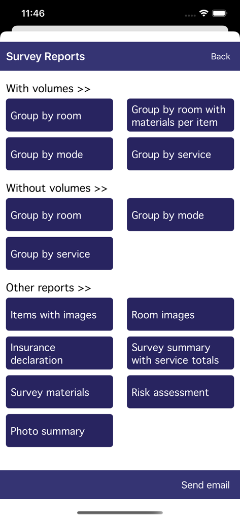 A menu of available survey reports in the MoveMan Mobile app showing categories for volumes and other summaries